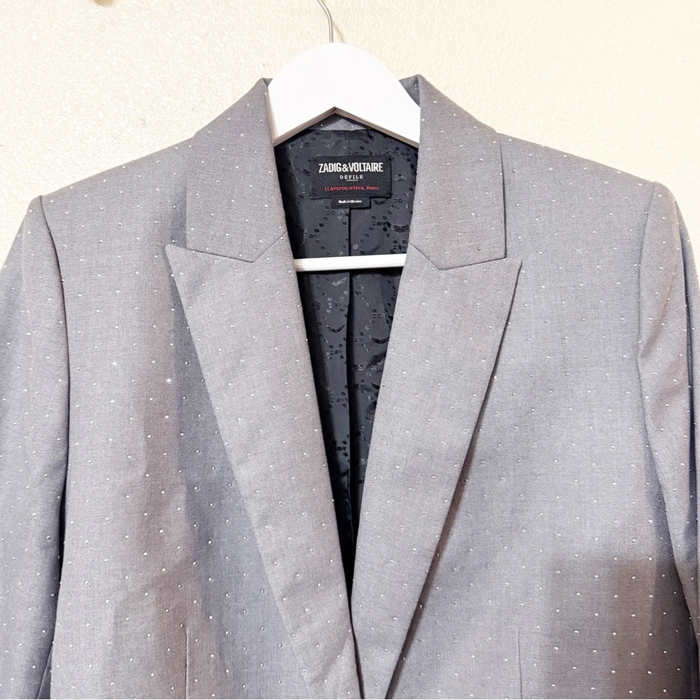 Zadig & Voltaire Valse Polka Dot Rhinestone Embellished Grey Structured Blazer - Picture 10 of 12